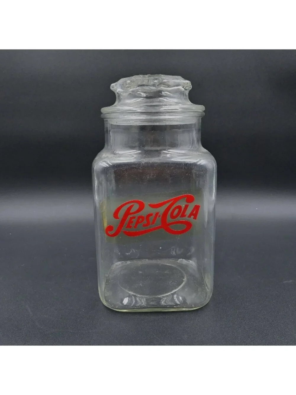 Pepsi Cola Glass Canister Candy Jar Molded Lid Vintage Kitchen Soda Advertising